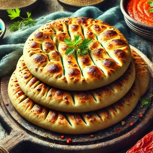 Algerian Bouzgene Berber Bread with Roasted Pepper Sauce