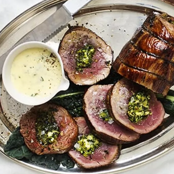 Beef Fillet with Kale Almonds Feta & Parmesan