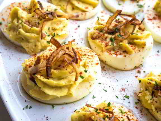 Crab Deviled Eggs with Crispy Shallots