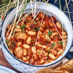 Curried Sausage Balls & Beans