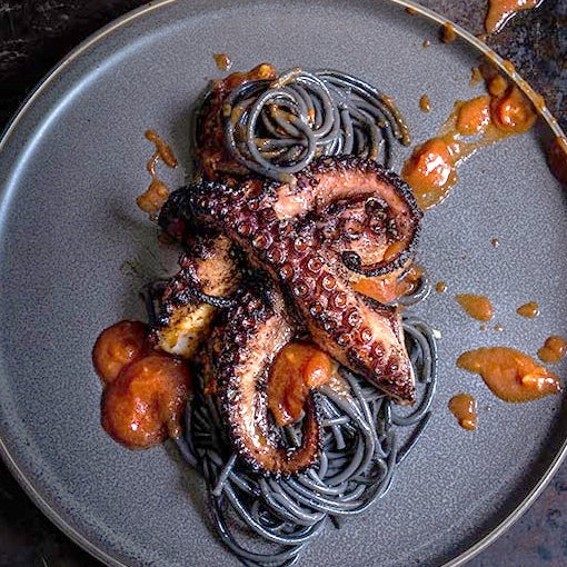 Grilled Octopus on Squid Ink Pasta & Tomato Garlic Sauce