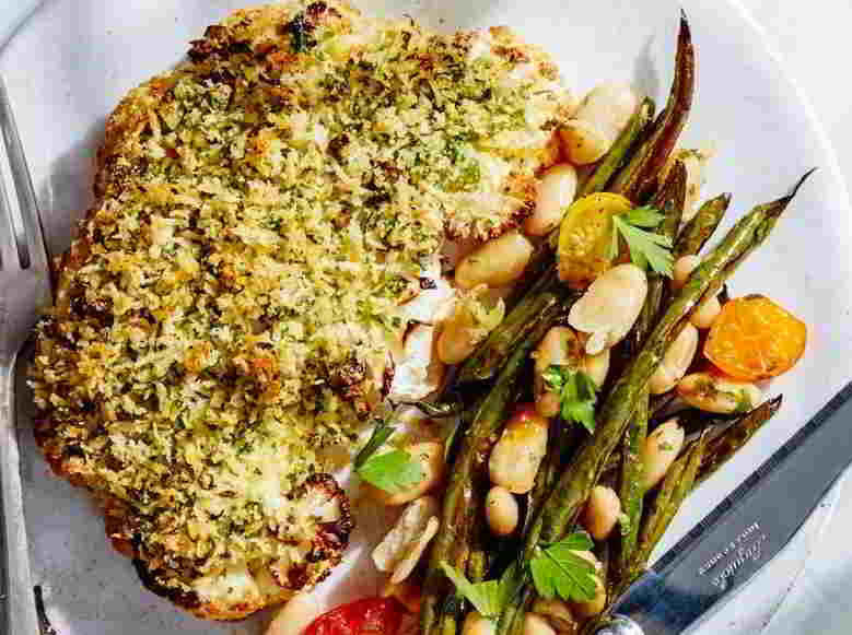 Herb Crusted Cauliflower Steaks with Beans & Tomatoes
