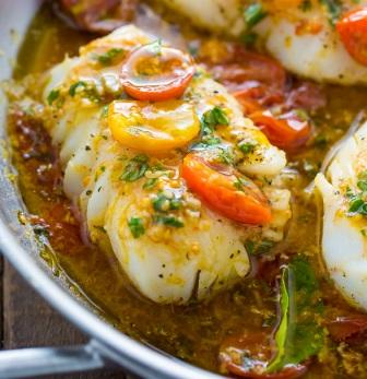 Pan-Seared Lemon Fish in White Wine Tomato Basil Sauce