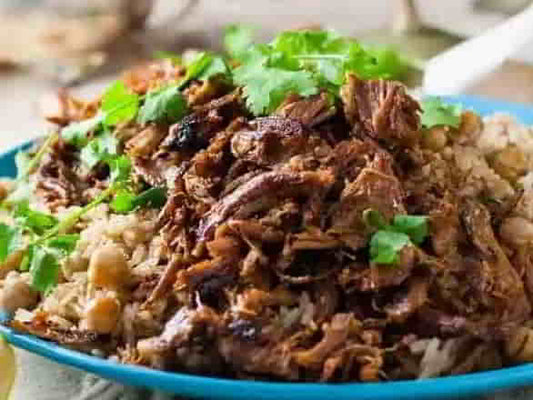 Shredded Lamb with Chickpea Pilaf