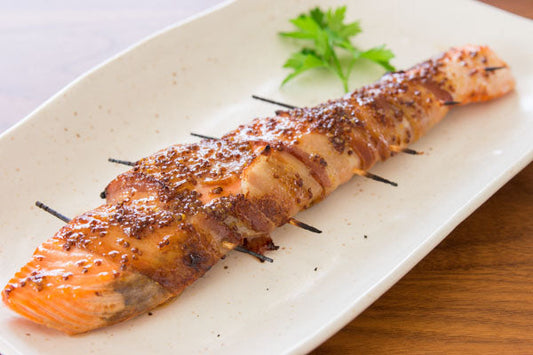 Salmon in Bacon with Maple Mustard Sauce