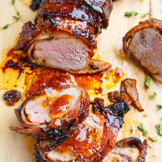 Apricot Glazed Bacon Wrapped Cajun Pork Tenderloin