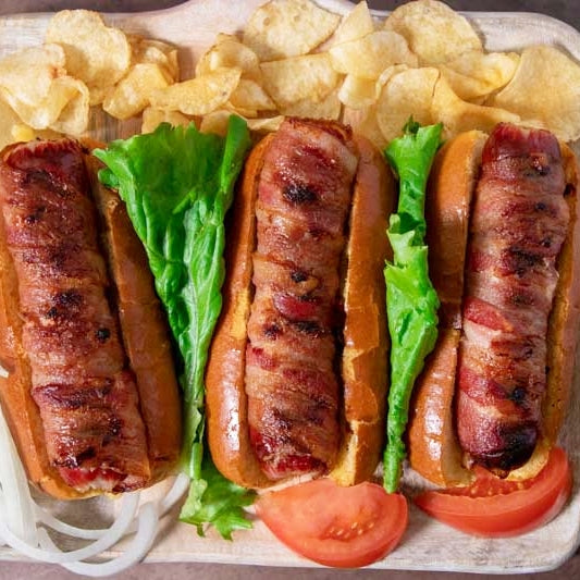 Bacon Wrapped Cheese Stuffed Hot Dogs