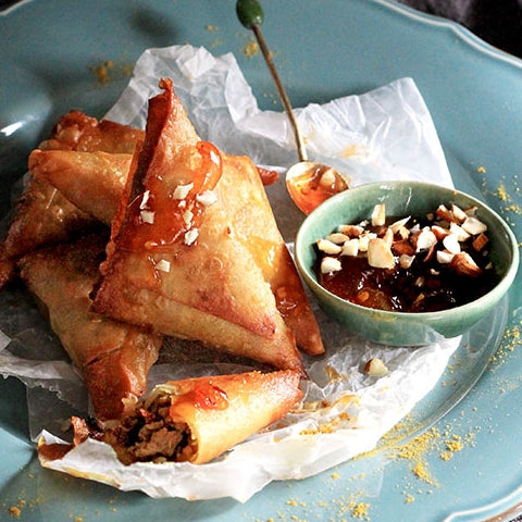 Bobotie Samosa with Apricot Chilli Sauce