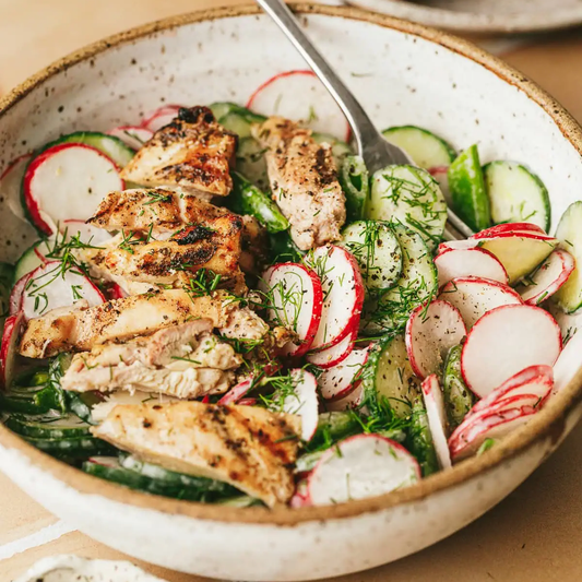 Chicken with Baked Rhubarb & Cucumber-Radish Salad