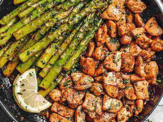 Garlic Butter Chicken Bites with Lemon Asparagus