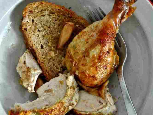 Garlic Roasted Chicken with Garlic Sauce on Garlic Toast