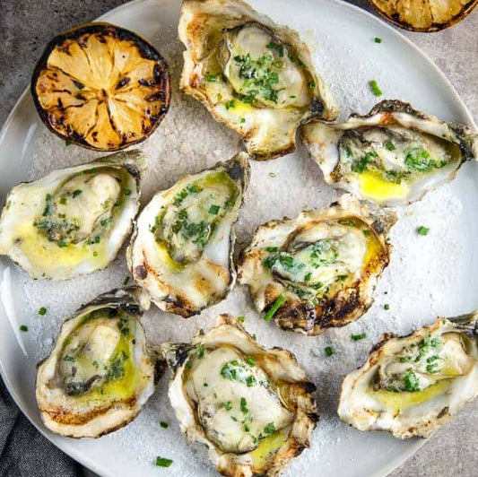 Grilled Oysters with White Wine Butter Sauce