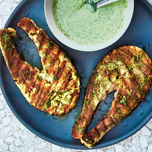 Grilled Salmon Steaks with Coriander Garlic Yoghurt Sauce