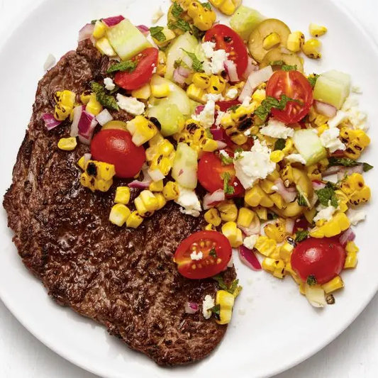 Grilled Steak with Greek Corn Salad