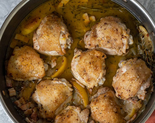 Lemon Herb Chicken Thighs & Crispy Bacon Gravy