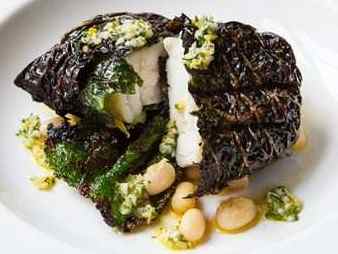 Monkfish In Chard With White Beans & Lemon Sauce