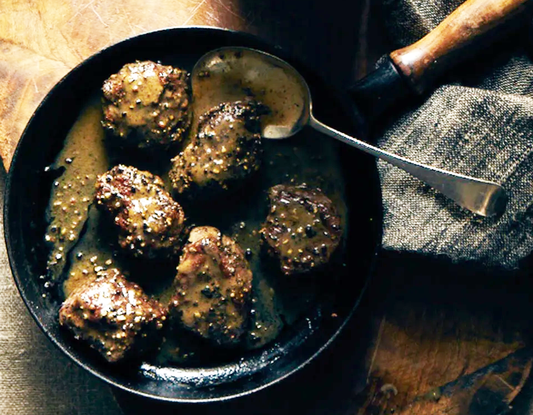 Peppered Venison Steaks with Pickled Quince