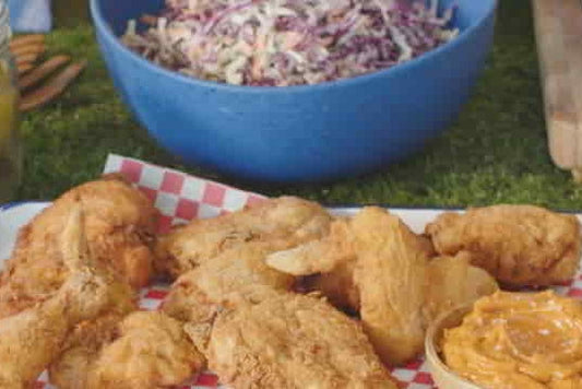 Pickle-brined Fried Chicken with Spicy Whipped Honey Butter & Tangy Slaw