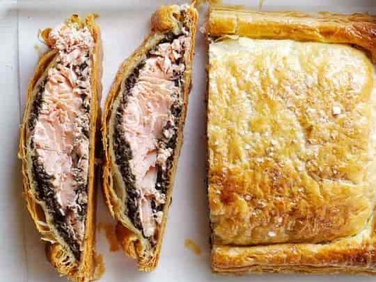 Salmon Wellington with White Wine Sauce