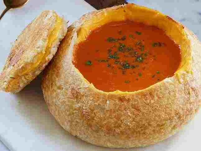 Tomato Soup in Grilled Cheese Bread Bowls